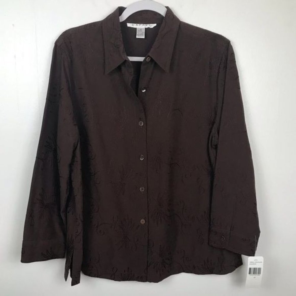 NWT RAFAEL Women Silk‎ Blend Button Up Blouse Brown Floral Embroidery